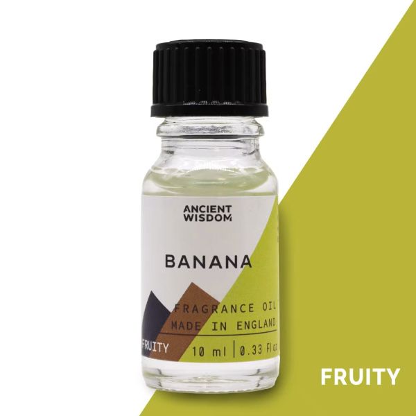 Banana fragrance oil in a 10ml clear glass bottle with black cap and Aromatics packaging, designed for creating sweet, tropical home fragrance.
