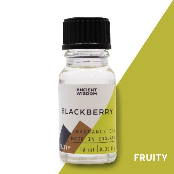 Blackberry fragrance oil in a 10ml clear glass bottle with black cap and Aromatics packaging, designed for creating fruity, berry-rich home fragrance.