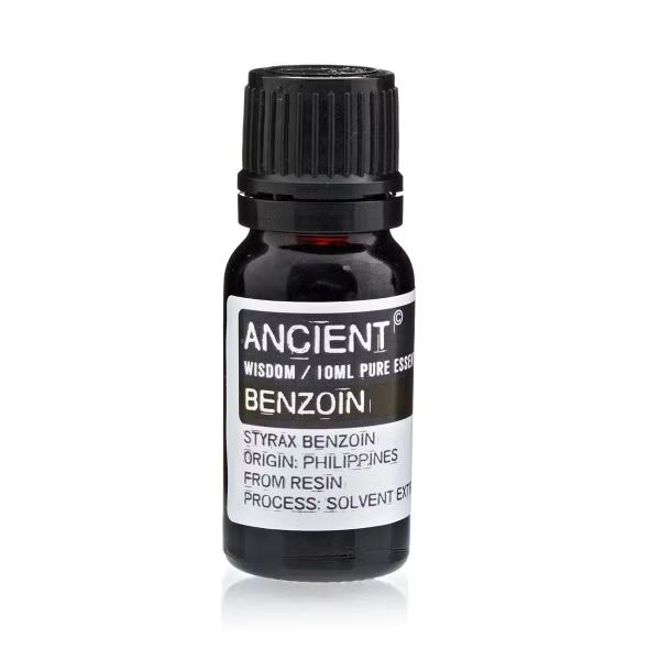 Benzoin Essential Oil product shot with natural resin