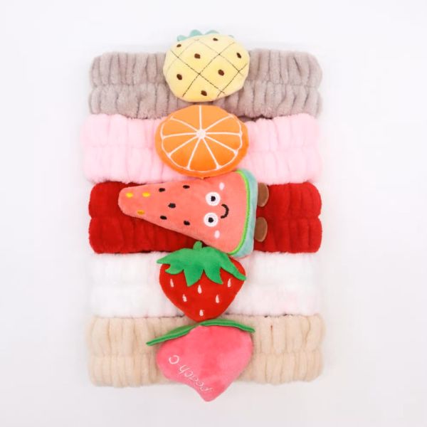 Stack of 5 fruity-themed makeup headbands in assorted colours