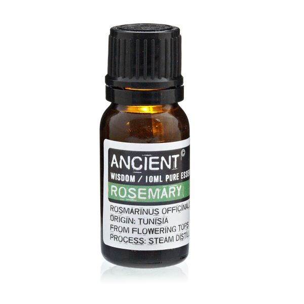 Single amber glass bottle of Rosemary Essential Oil with label, displayed upright on a white background.