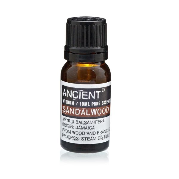 Single amber glass bottle of Sandalwood Essential Oil with label, displayed upright on a white background.
