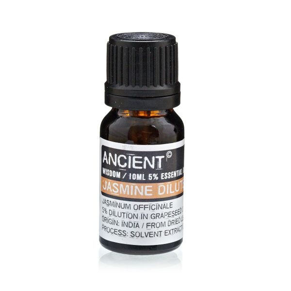Single amber glass bottle of Jasmine Essential Oil with label, displayed upright on a white background.