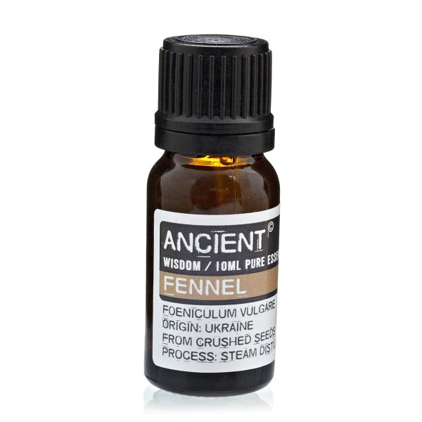 Single amber glass bottle of Fennel Essential Oil with label, displayed upright on a white background.