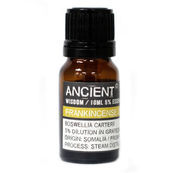 Single amber glass bottle of Frankincense Essential Oil with label, displayed upright on a white background.