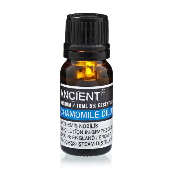 Single amber glass bottle of Chamomile Essential Oil with label, displayed upright on a white background.