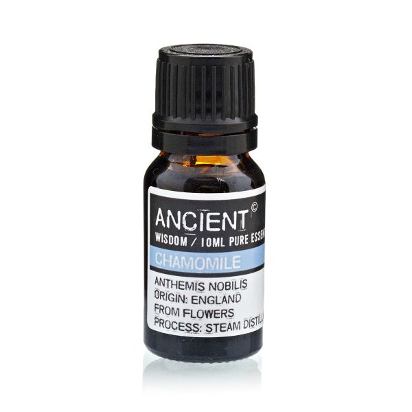 Single amber glass bottle of Chamomile Essential Oil with label, displayed upright on a white background.