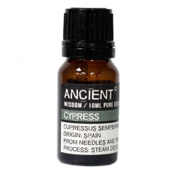 Single amber glass bottle of Cypress Essential Oil with label, displayed upright on a white background.
