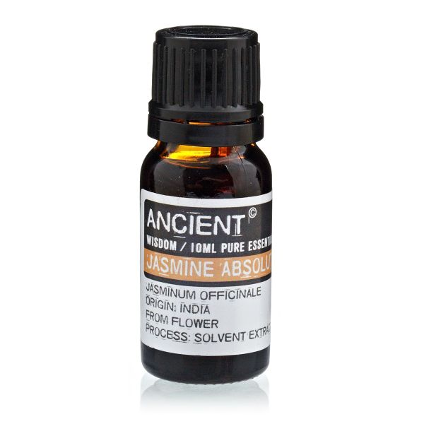 Single amber glass bottle of Jasmine Absolute Essential Oil with label, displayed upright on a white background.