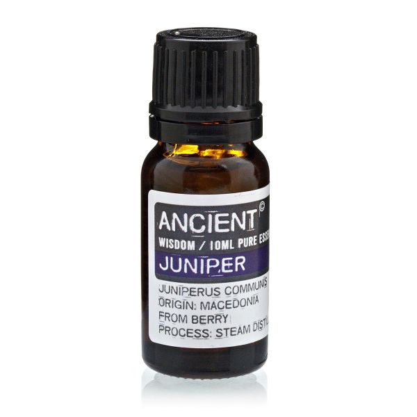 Single amber glass bottle of Juniper Essential Oil with label, displayed upright on a white background.
