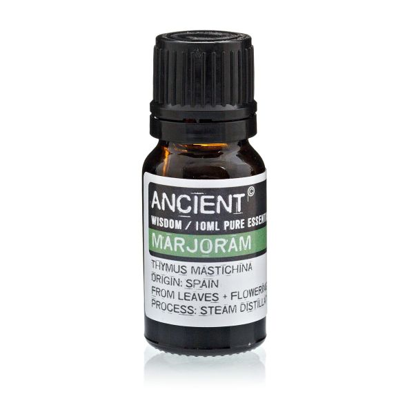 Single amber glass bottle of Marjoram Essential Oil with label, displayed upright on a white background.