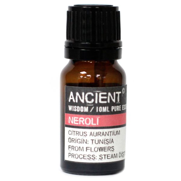 Single amber glass bottle of Neroli Essential Oil with label, displayed upright on a white background.