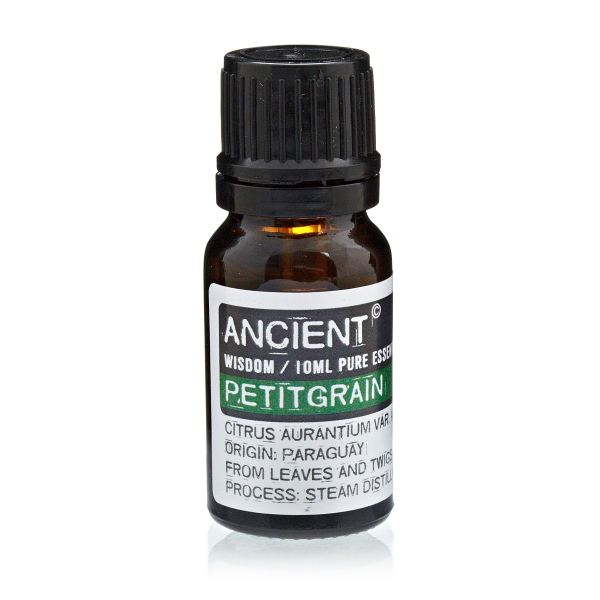 Single amber glass bottle of Petitgrain Essential Oil with label, displayed upright on a white background.