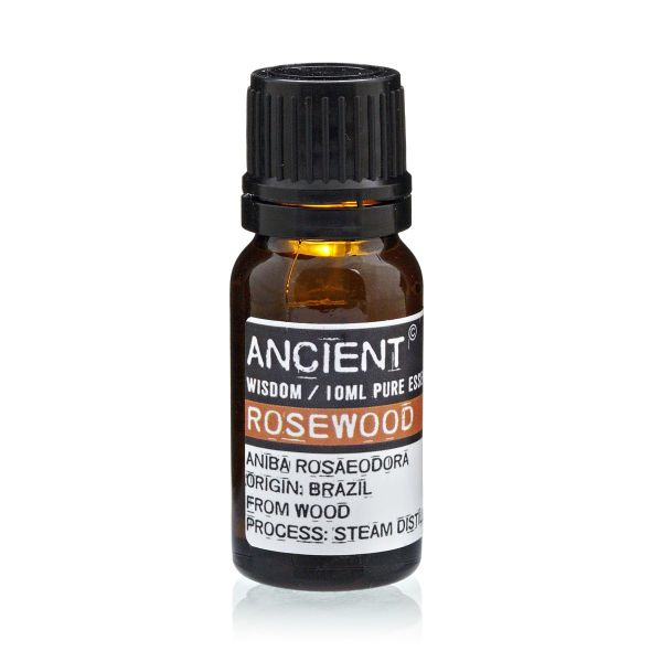 Single amber glass bottle of Rosewood Essential Oil with label, displayed upright on a white background.