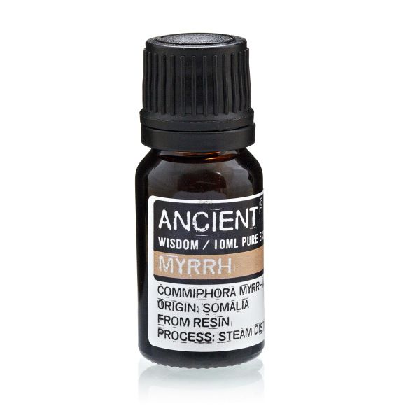 Single amber glass bottle of Myrrh Essential Oil with label, displayed upright on a white background.