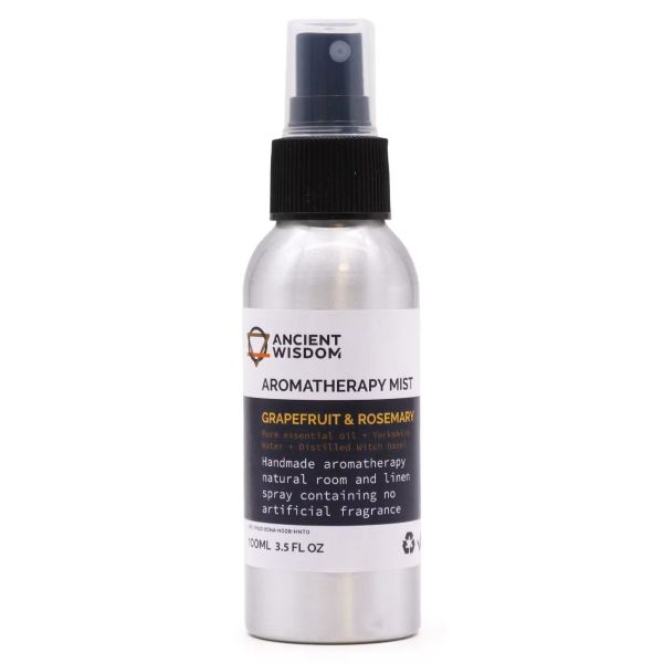 Metallic 100ml spray bottle of Grapefruit & Rosemary Essential Oil Mist with black nozzle and white label.