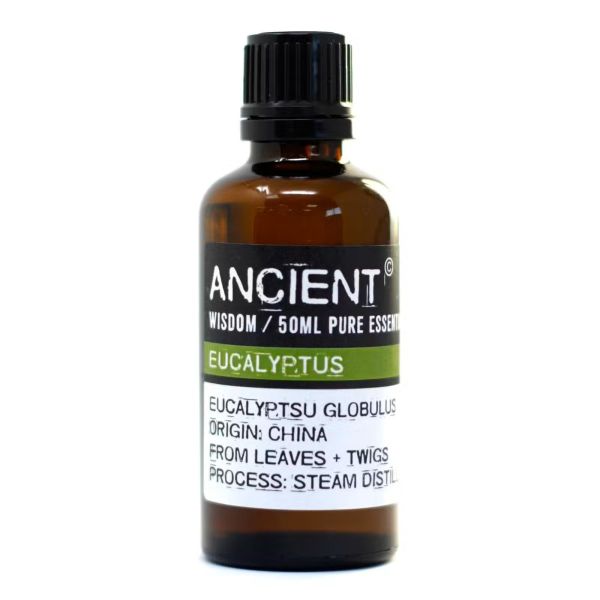 Plain 50ml Eucalyptus Essential Oil bottle with cap and label visible, isolated on a white background.