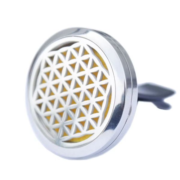 Close‑up of Celtic Knot car diffuser locket open, showing felt pad inside ready for essential oil drops.