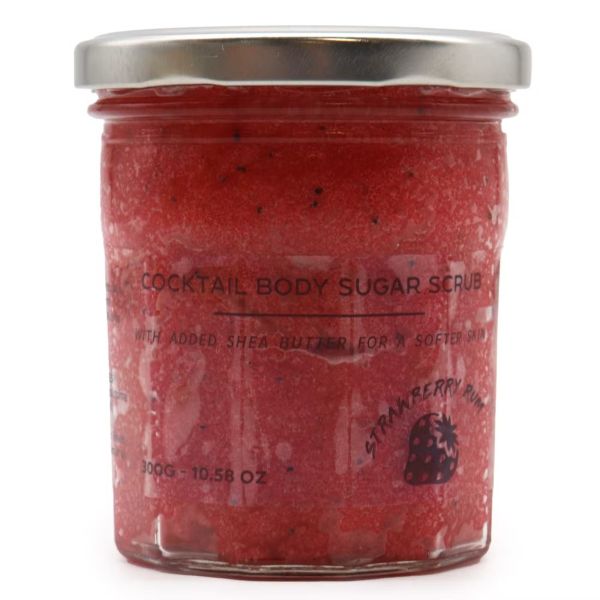 Strawberry Rum Cocktail Body Sugar Scrub in a clear reusable jar, showing vibrant red sugar texture