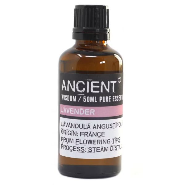 50ml amber glass bottle of Lavender Essential Oil with plain label, photographed against a neutral background.