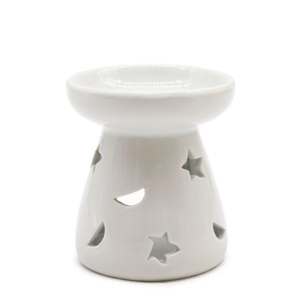 White ceramic oil burner with moon and star cut-outs, shown from the front.