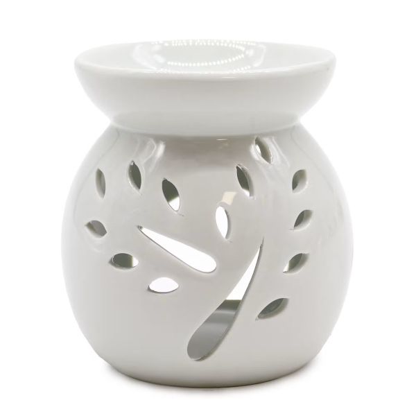 Classic white ceramic oil burner with tree cutout design – Scented Serenade