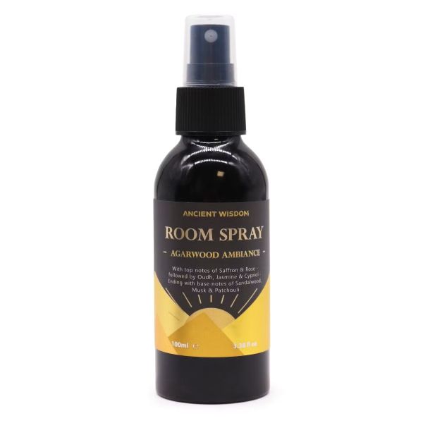 Luxury Oudh Room Spray in 120ml bottle with saffron, rose, and oud fragrance, styled for elegant interiors