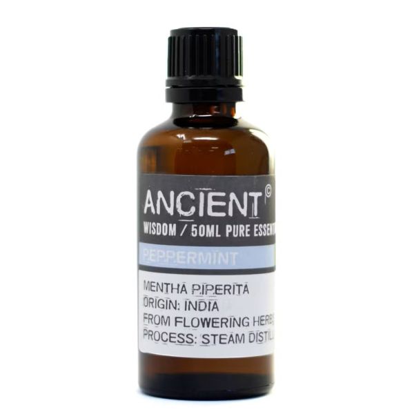 Plain 50ml Peppermint Essential Oil bottle with cap and label visible, isolated on a white background.