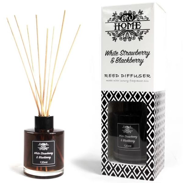 Luxury White Strawberry & Blackberry reed diffuser in 120ml glass bottle with deep blackberry‑coloured fragrance, displayed beside its premium packaging box