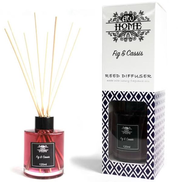 Luxury Fig & Cassis reed diffuser in 120ml glass bottle with deep red fragrance and natural reeds