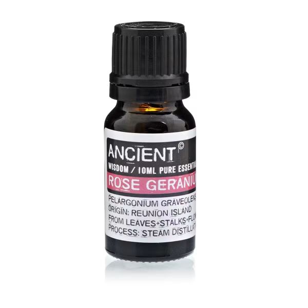 mber bottle of Rose Geranium Essential Oil