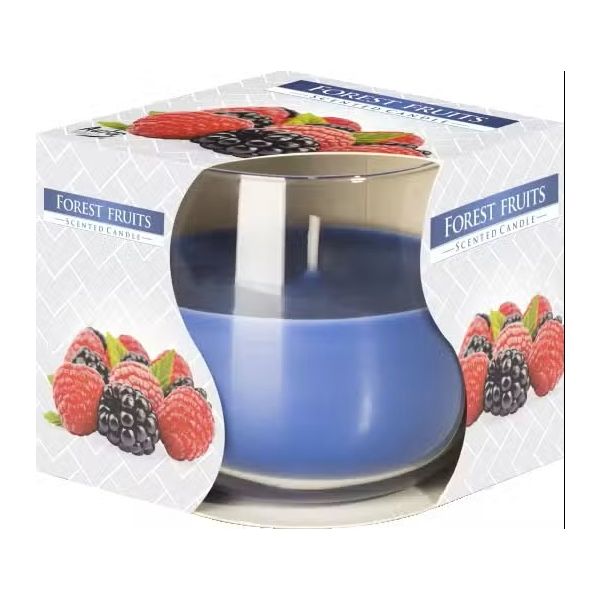 Forest Fruits Scented Glass Jar Candle in a clear glass jar with fruity fragrance, displayed on a white background.