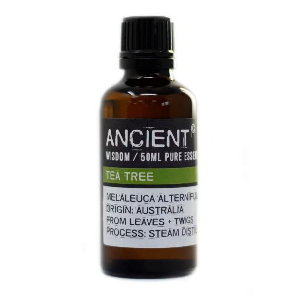 50ml amber glass bottle of Tea Tree Essential Oil with plain label, photographed against a neutral background.