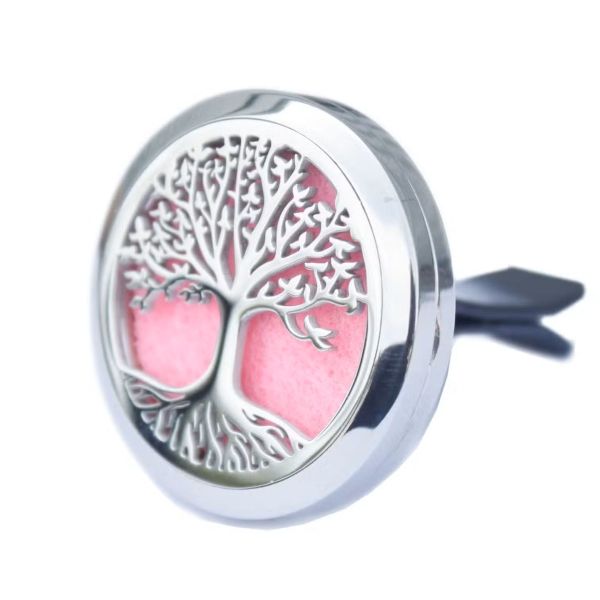 Close‑up of Tree of Life car diffuser locket open, showing felt pad inside ready for essential oil drops.