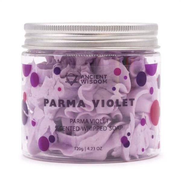 Parma Violet Whipped Soap in clear jar with purple tint and floral label