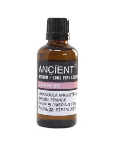 50ml amber glass bottle of Lavender Essential Oil with plain label, photographed against a neutral background.