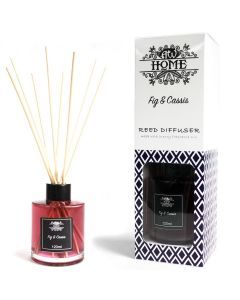 Luxury Fig & Cassis reed diffuser in 120ml glass bottle with deep red fragrance and natural reeds