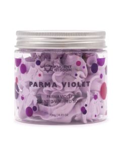 Parma Violet Whipped Soap in clear jar with purple tint and floral label