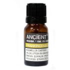 Single amber glass bottle of Frankincense Essential Oil with label, displayed upright on a white background.
