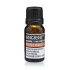 Single amber glass bottle of Rosewood Essential Oil with label, displayed upright on a white background.