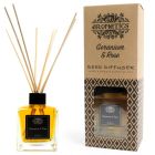 Front view of Geranium & Rose Reed Diffuser packaging with decorative design, shown with diffuser bottle and reeds.
