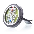 Round stainless steel car diffuser with hamsa design front panel, shown with coloured felt pad inside.
