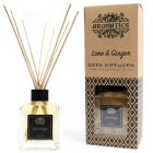 Fragrance Reed Diffuser in a clear glass bottle with black label and rattan sticks, displayed alongside its decorative branded box.