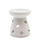 White ceramic oil burner with moon and star cut-outs, shown from the front.