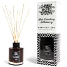 Luxury White Strawberry & Blackberry reed diffuser in 120ml glass bottle with deep blackberry‑coloured fragrance, displayed beside its premium packaging box